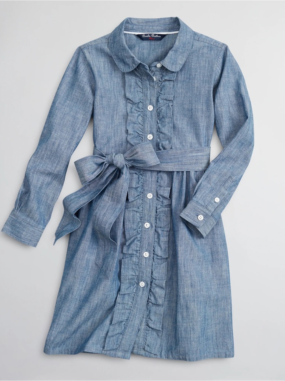 Girls’ Brooks Brothers Chambray Ruffle Shirt Dress, Size 8